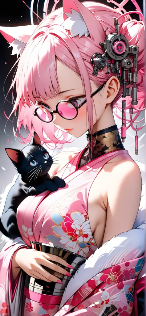 ether machine girl、Fluffy white fur grows from behind the ears Ears {x} pink similar to blood vessels connected to the neck and back Tube {x} Intricate illustration in an imaginative cyberpunk art style, Translucent white short hair (black cat ears ) Styli...