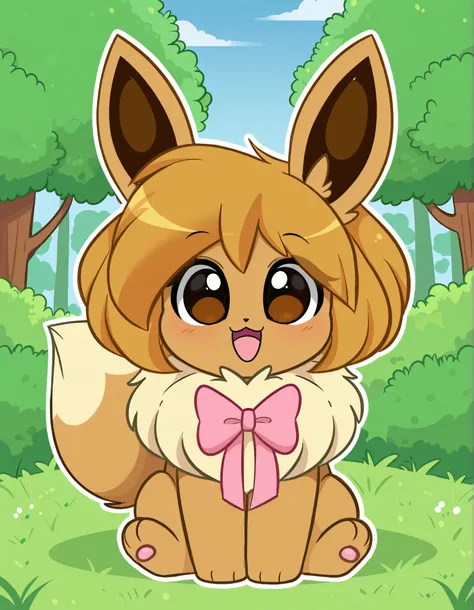 KittyRosie75, flat_color, outline,, pokekid, eevee, fluffy girl, furry girl, female, smile, smiling, has a big pretty bow in her hair, has animal paws for hands, 1girl, best quality, outdoors, high definition, cute