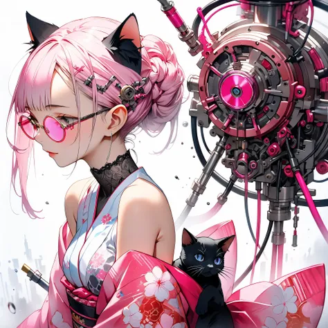 ether machine girl、Fluffy white fur grows from behind the ears Ears {x} pink similar to blood vessels connected to the neck and back Tube {x} Intricate illustration in an imaginative cyberpunk art style, Translucent white short hair (black cat ears ) Styli...