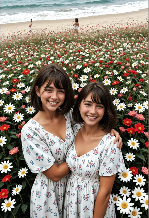 score_9, score_8_up, masterpiece, Highest Quality, absurd, Great Quality, super real, sのt lighting, white skin、Japanese Women、bob cut hair、Shy、The background is a seaside with flowers blooming、I'm wearing a dress、stand facing the front、Hands fit my body、Fa...