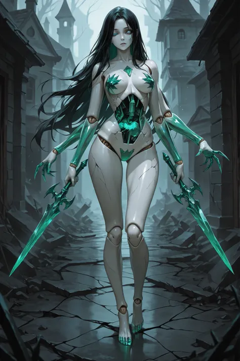 handfixer, (ultra quality:1.3), masterpiece, (highly detailed), HDR, 1girl, solo, fragile doll, long black hair with green gleam, pale skin, broken face, one eye socket empty, one eye emerald color, emotionless face, a lot of cracks over doll body and face...