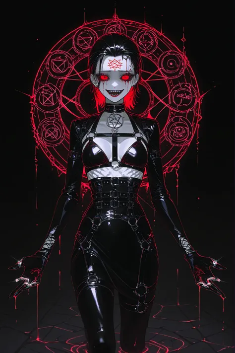 A female occultist.  She has white skin with protruding veins and arteries, and she has a black  tattoo of inferno sigil on her forehead. She has black, empty, sinister eyes with leaking mascara. She has red lipstick and sharp teeth. She's bleeding from he...