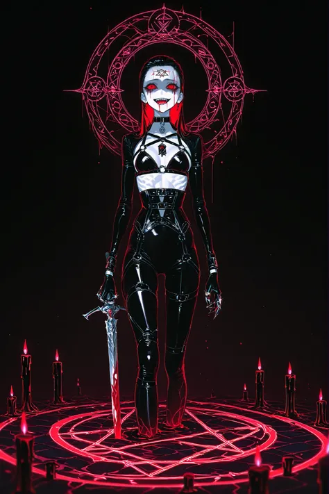 A female occultist.  She has white skin with protruding veins and arteries, and she has a black  tattoo of inferno sigil on her forehead. She has black, empty, sinister eyes with leaking mascara. She has red lipstick and sharp teeth. She's bleeding from he...