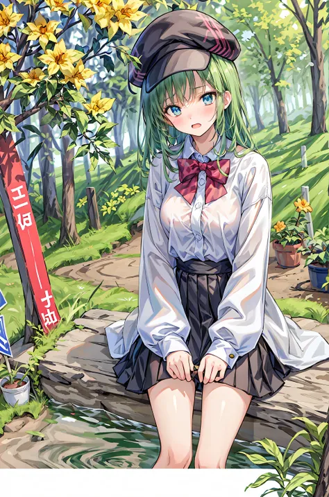 ( masterpiece), Highest Quality, cute girl leaning on a wall, is embarrassed, , Intimate moments, cute, cropped shirt, look down, High Angle, close, BREAK she says is embarrassed, she says , forest setting , cute imgae