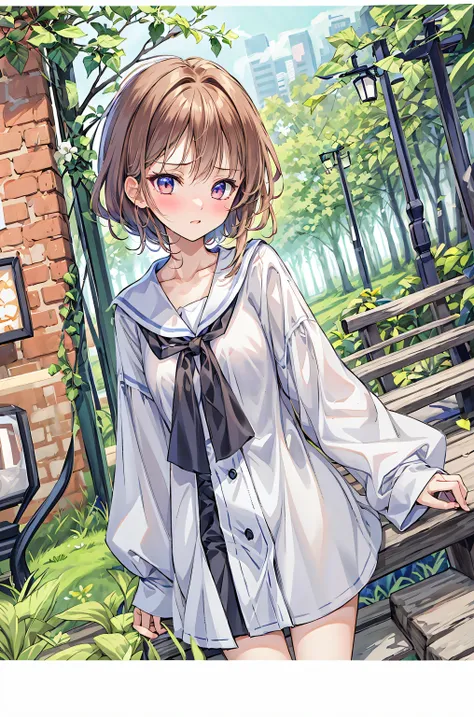 ( masterpiece), Highest Quality, cute girl leaning on a wall, is embarrassed, , Intimate moments, cute, cropped shirt, look down, High Angle, close, BREAK she says is embarrassed, she says , forest setting , cute imgae