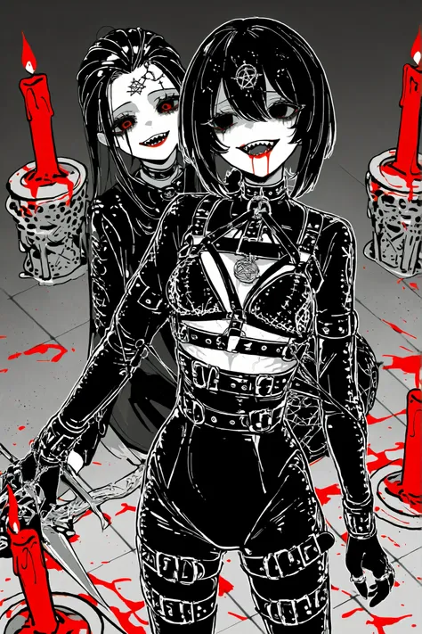 (xxx667_illu,) A female occultist.  She has white skin with protruding veins and arteries, and she has a black  tattoo of inferno sigil on her forehead. She has black, empty, sinister eyes with leaking mascara. She has red lipstick and sharp teeth. She's b...