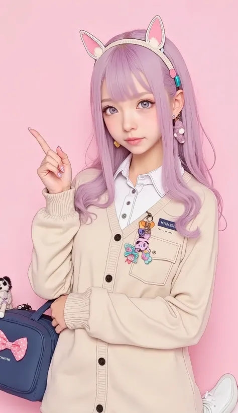 with, stretch her right arm forward with her finger、Panda charm and brand name. long pastel pink hair、with waves and a hint of lavender tone Elegantly styled。, adorned with a decorative hair band featuring a small ribbon. on top of her collared shirt、She's...