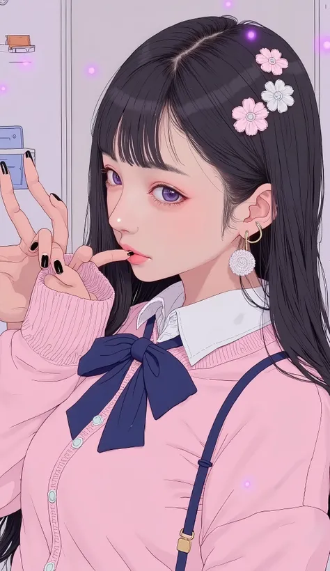animated meme style illustrations、with faint purple highlights、long, 流れるような黒い髪のlikeい女性が描かれています. and a few more floral appliques, in、with white trim Cozy pink sweater, soft, like々Seems見た目. crisp white blouse A large dark blue bow peeks out from under the sw...