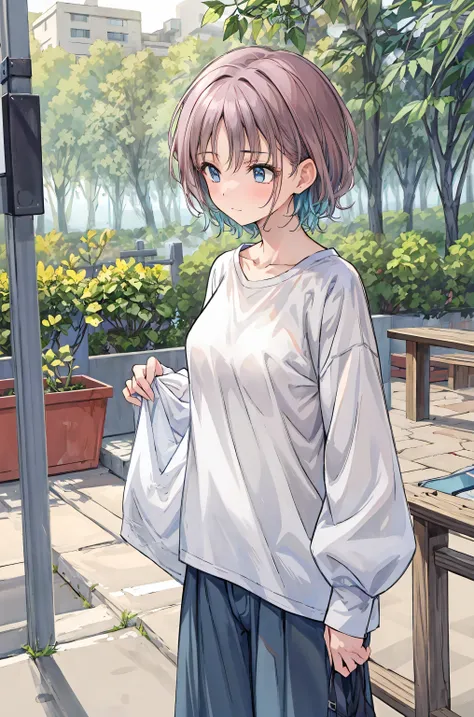 ( masterpiece), Highest Quality, cute girl leaning on a wall, is embarrassed, , Intimate moments, cute, cropped shirt, look down, High Angle, close, BREAK she says is embarrassed, she says , forest setting , cute imgae