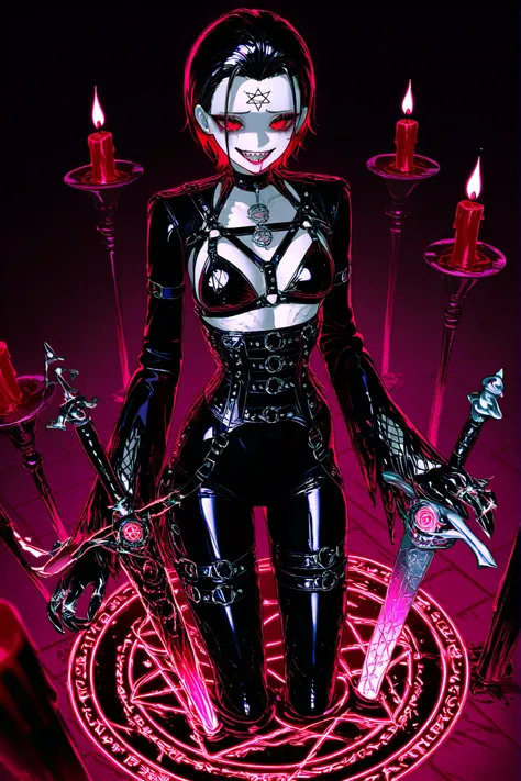 (xxx667_illu,) A female occultist.  She has white skin with protruding veins and arteries, and she has a black  tattoo of inferno sigil on her forehead. She has black, empty, sinister eyes with leaking mascara. She has red lipstick and sharp teeth. She's b...