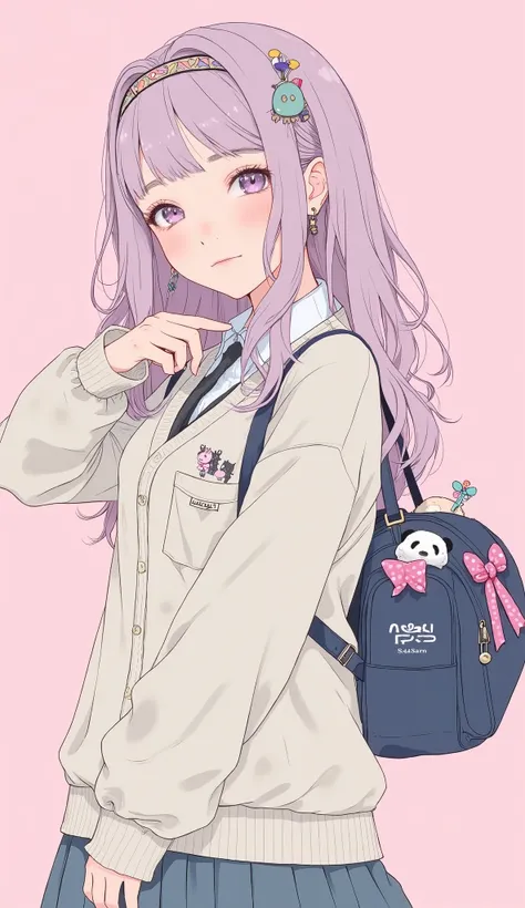 with, stretch her right arm forward with her finger、Panda charm and brand name. long pastel pink hair、with waves and a hint of lavender tone Elegantly styled。, adorned with a decorative hair band featuring a small ribbon. on top of her collared shirt、She's...