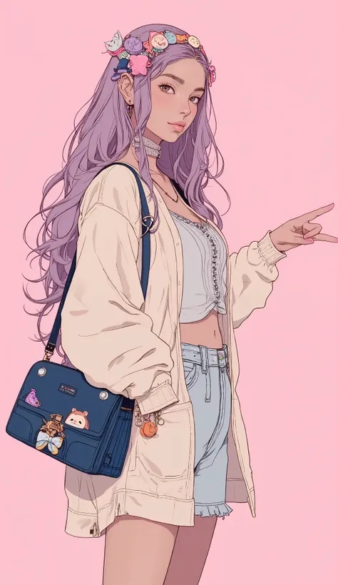 A confident young tanned woman is standing, stretch her right arm forward with her finger、Panda charm and brand name. long pastel pink hair、with waves and a hint of lavender tone Elegantly styled。, adorned with a decorative hair band featuring a small ribb...