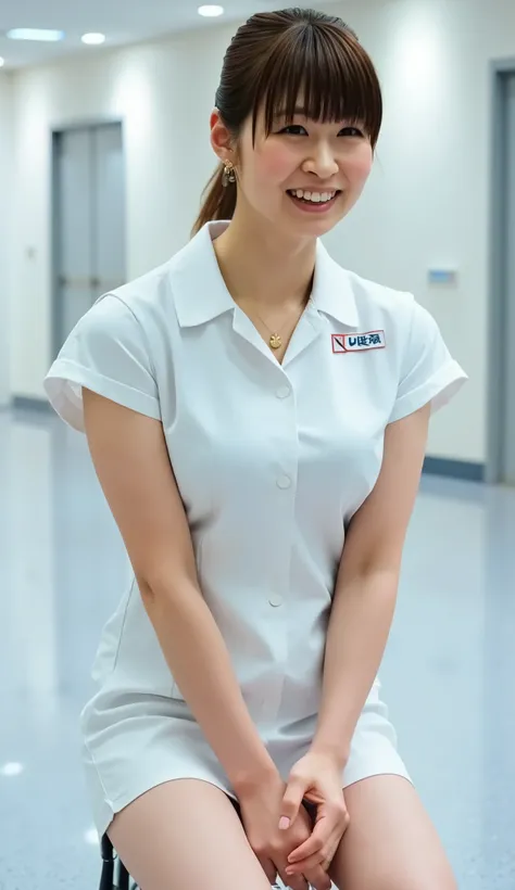 live-action、Highest Quality、super high resolution、8K、Hospital、Full Body Shot、front view、Full body photo、(Crouching:1.3)、Emphasize the cleavage,(poses that accentuate cleavage:1.5)、smiles、dark brown hair、short ponytail、straight hair、Smooth hair 、has bangs、(...