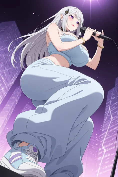 newest , masterpiece , anime screencap , anime coloring , adult ReZero, Solo, long dress, Satella, Anime, 1girl, Mature Female, pointy ears, hair ornament, blush, silver hair, long hair, closed mouth, light smile, lips, Red lipstick, purple eyes, huge brea...