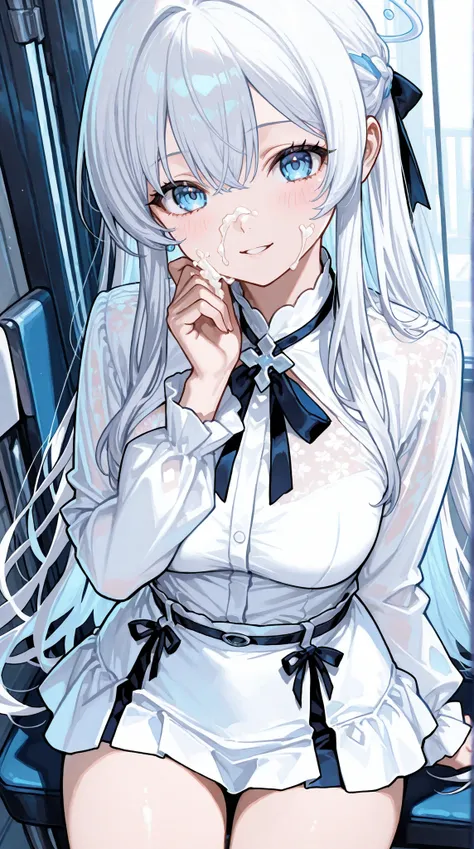 A girl ,wearing a white mini skirt and white  shirt ,was cover by cream on her face 