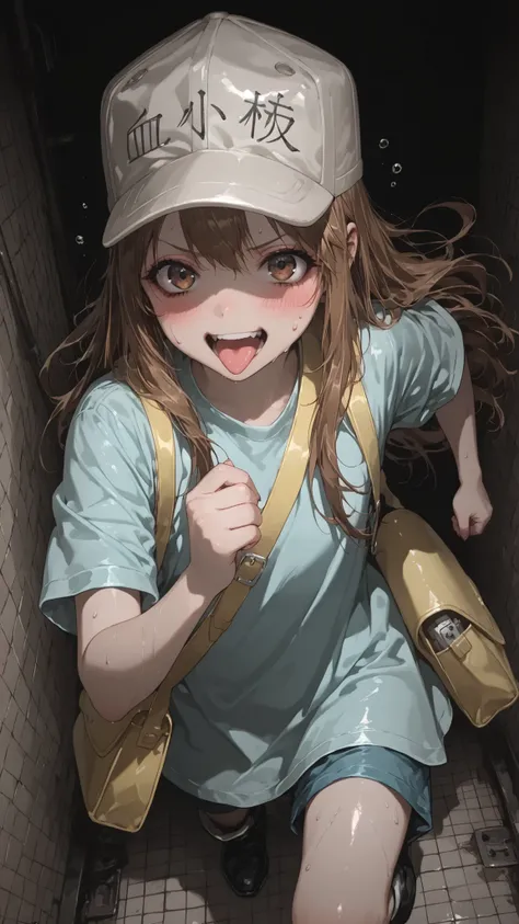 platelet, Long Hair, brown hair, brown eyes, shirt, has, Short sleeve, boots, white hat, blue shirt, Flat Cap, yellow shoulder bag、 ,Running,spoke flying sweat drop,Terribly depressed expression ,plateletの大群が走っている、 Fluorescent color, growing, Glossy effect...