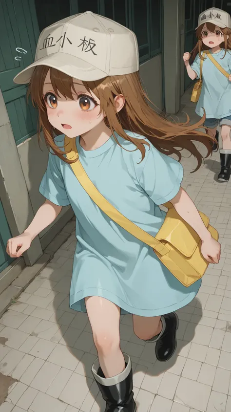 platelet, Long Hair, brown hair, brown eyes, shirt, has, Short sleeve, boots, white hat, blue shirt, Flat Cap, yellow shoulder bag、 ,Running,spoke flying sweat drop,Terribly depressed expression ,plateletの大群が走っている