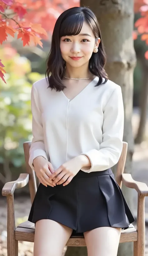 live-action、Highest Quality、super high resolution、8K、school、what a high school girl looks like、uniform、Emphasize the cleavage,Seductive pose、front view、Full body photo、chair with high legs、(poses that accentuate cleavage:1.5)、(Smile Yan:1.5)、black haired 、...