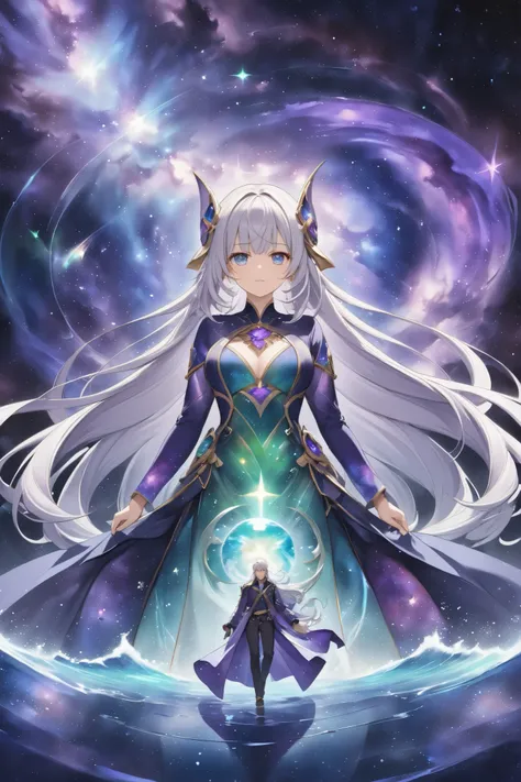 dreamlike parallel world fusion, deep sea, mixed transparency green and transparent ocean colored, starry sky background, cosmic energy swirls, mysterious atmosphere, two figures in the center, one with silver hair and purple galaxy eyes, flowing celestial...