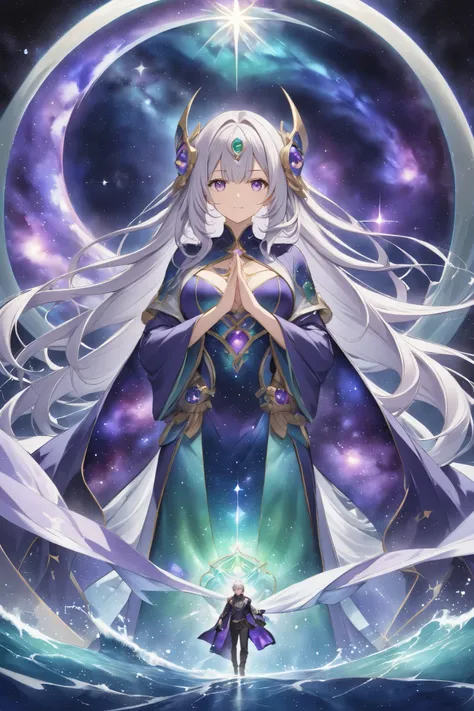 dreamlike parallel world fusion, deep sea, mixed transparency green and transparent ocean colored, starry sky background, cosmic energy swirls, mysterious atmosphere, two figures in the center, one with silver hair and purple galaxy eyes, flowing celestial...