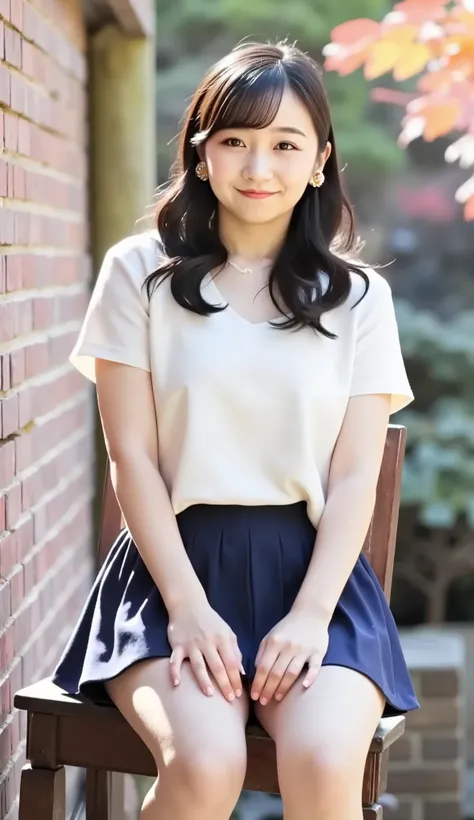 live-action、Highest Quality、super high resolution、8K、school、what a high school girl looks like、uniform、Emphasize the cleavage,Seductive pose、front view、Full body photo、chair with high legs、(poses that accentuate cleavage:1.5)、(Smile Yan:1.5)、black haired 、...