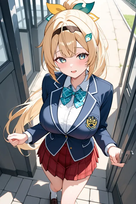 KazamaIroha, hair ornament, hairband, masterpiece, Highest Quality, Great Quality, very aesthetic, Newest, solo,
large breast,
IrohaBase, hair ornament, hairband, Gold hair, ponytail, Schoolyard, sounds fun, viewer's perspective, Front view,
navy blue...