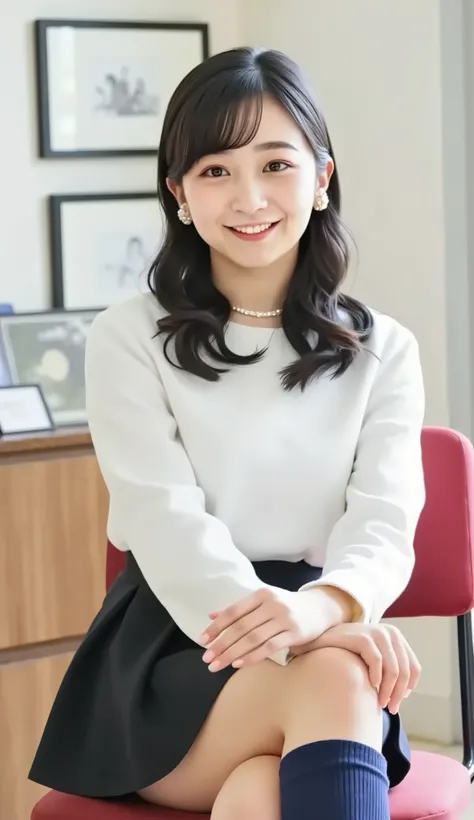 live-action、Highest Quality、super high resolution、8K、school、what a high school girl looks like、uniform、Emphasize the cleavage,Seductive pose、front view、Full body photo、chair with high legs、(poses that accentuate cleavage:1.5)、(Smile Yan:1.5)、black haired 、...