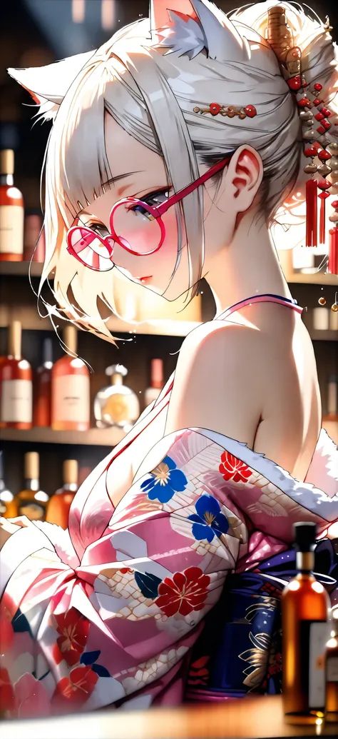 ether machine girl、Fluffy white fur grows from behind the ears Ears {x} , Translucent white short hair (Cat ears) Stylish Watercolor Pink Pattern, She is wearing a beautiful kimono, (round pink glasses:1.2), bar counter、soft lighting、Lots of liquor bottles...