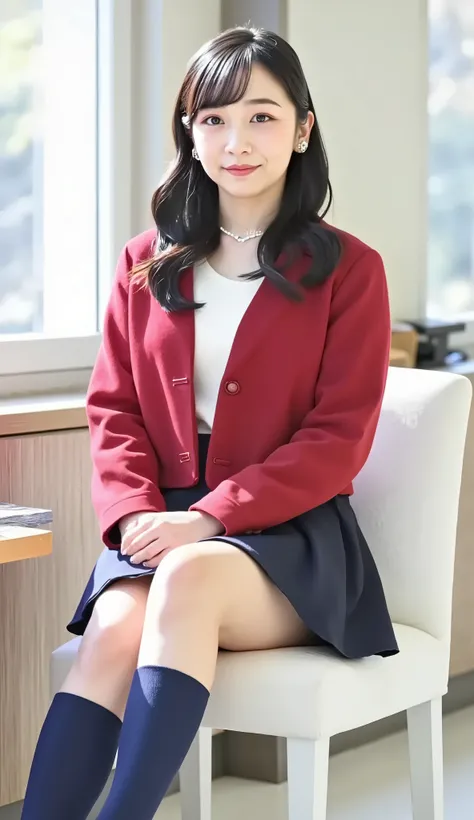 live-action、Highest Quality、super high resolution、8K、school、what a high school girl looks like、uniform、Emphasize the cleavage,Seductive pose、front view、Full body photo、chair with high legs、(poses that accentuate cleavage:1.5)、(Smile Yan:1.5)、black haired 、...
