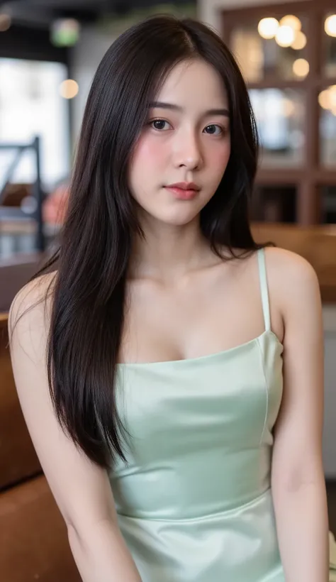 Beautiful teen girl, long hair, black, big breasts, attractive figure, looking at the camera 8K high definition, sharp focus, very high detail, realistic like a photo, natural light, smooth skin
Sit in a famous cafe in the city
She wore a mint-green short-...