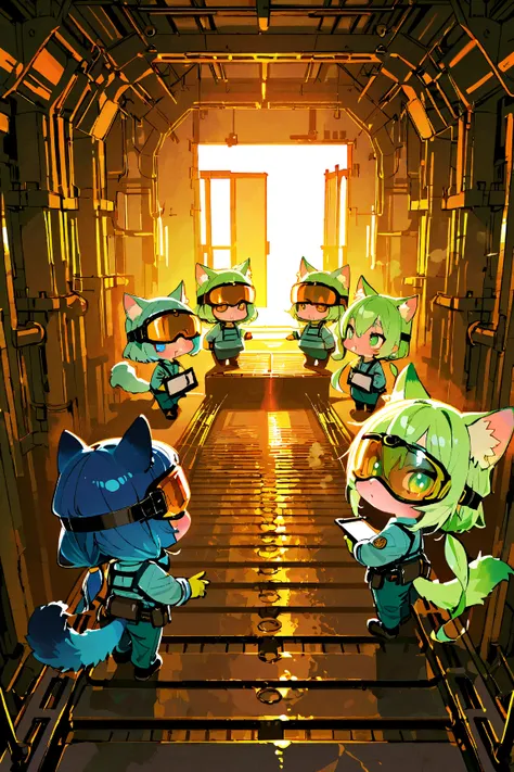 (IBG), ((((masterpiece)))), ((((top quality)))), high resolution, 32K, ultra HD, absurdres, chibi, super cute chibi catgirls, multiple girls, group scene, center-focused composition, tiny bodies, big round heads, round faces, bright emerald eyes, soft blushing cheeks, fluffy sapphire blue hair with green tips, low twin ponytails with gold hair ribbons, small fluffy cat ears matching hair color, long fluffy cat tails, all wearing neatly fitted pale blue and white industrial work uniforms with safety gloves, small tool belts, and protective goggles over eyes, inside a large modern factory with bright lighting, visible metal beams, heavy machinery, control panels with glowing buttons, conveyor belts in background, each girl operating different parts of the production line — one pulling machine levers, one adjusting gauges, one carrying a toolbox, one checking a clipboard, warm afternoon light filtering through high industrial windows, faint steam and sparks around machinery, subtle fantasy aesthetic, extremely adorable teamwork atmosphere
