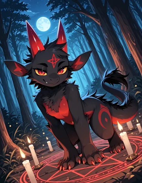 high detail, 4k, high resolution, good_hands, Detailed background, forest, night, dynamic angle, summoning circle, pentagram, candles, solo, (Evil Fwench fwy, furred dragon, black skin, black fur, red stomach, red claws, red horns, red eyes, yellow sclera,...