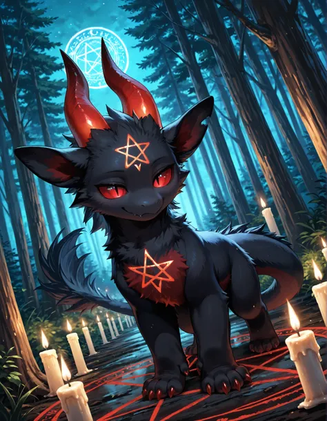 masterpiece, best quality, very aesthetic,, high detail, 4k, high resolution, good_hands, Detailed background, forest, night, dynamic angle, summoning circle, pentagram, candles, solo, (Evil Fwench fwy, furred dragon, black skin, black fur, red stomach, re...