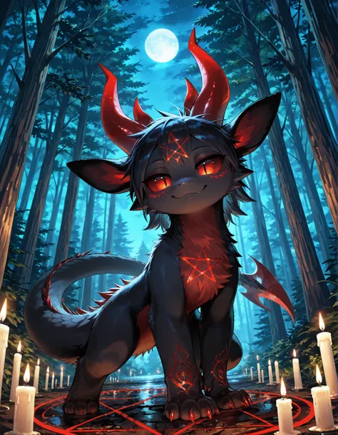 masterpiece, best quality, very aesthetic,, high detail, 4k, high resolution, good_hands, Detailed background, forest, night, dynamic angle, summoning circle, pentagram, candles, solo, (Evil Fwench fwy, furred dragon, black skin, black fur, red stomach, re...