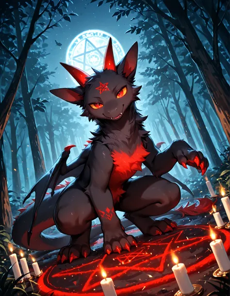 masterpiece, best quality, very aesthetic,, high detail, 4k, high resolution, good_hands, Detailed background, forest, night, dynamic angle, summoning circle, pentagram, candles, solo, (Evil Fwench fwy, furred dragon, black skin, black fur, red stomach, re...