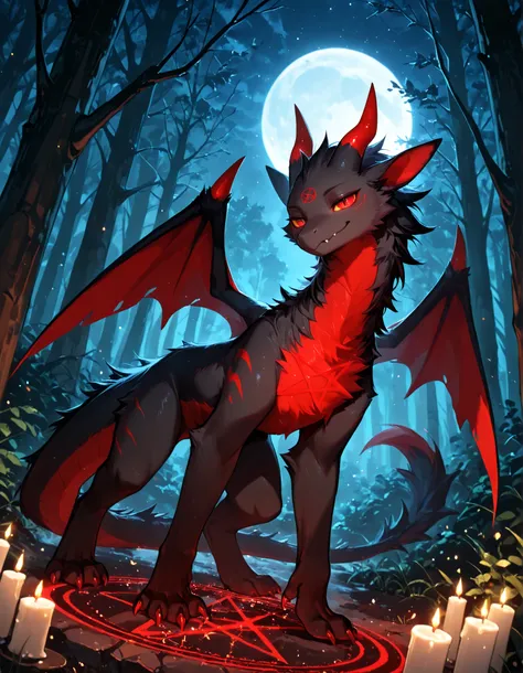 masterpiece, best quality, very aesthetic,, high detail, 4k, high resolution, good_hands, Detailed background, forest, night, dynamic angle, summoning circle, pentagram, candles, solo, (Evil Fwench fwy, furred dragon, black skin, black fur, red stomach, re...