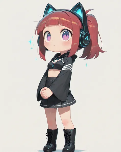 (masterpiece, 4k, detailed image, vivid colors), {chibi}:(A beautiful woman, with long:1.2 red hair with pink tips and glowing purple eyes, wearing a futuristic black outfit with bright blue details on the sleeves, she wears cat-like headphones, her outfit...