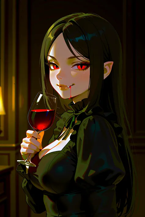  charming, seductive eyes, closed mouth smirk, with fang peaking, smile, flashing fangs, smirk with fang peaking, licking own fang, dripping blood from lips, bloodied fangs, vampire fangs, 1 girl, drinking wine with wine glass, looking side, seductive, charming, captivating the masters, wearing tattered dark dress (black and white frill), in dark room