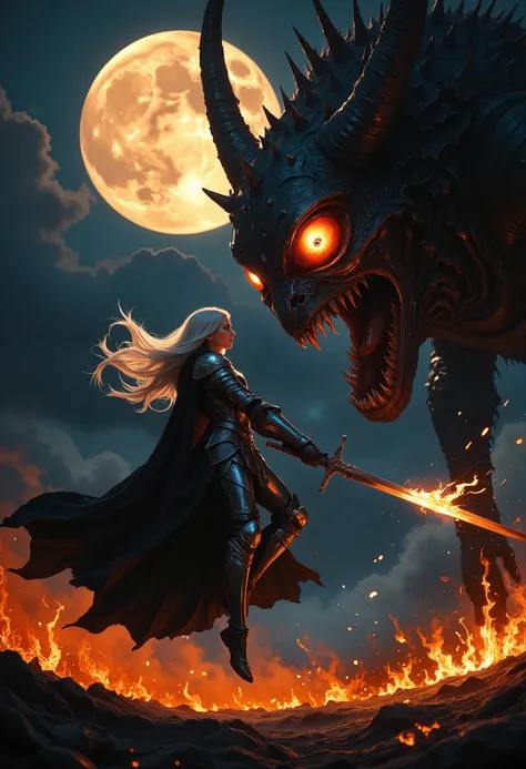 score_9, score_8_up, score_7_up,(side view),(Asymmetrical Composition),{{{top quality}}} , {{Super Detailed}} , {{very delicate and beautiful}}, (masterpiece, UHD, 8K, 16K),(medieval fantasy),
Under the black full moon, on the battlefield of burning flames...