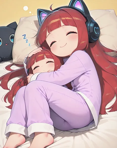 (masterpiece, 4k, detailed image, vivid colors), {chibi}:(A beautiful woman, with long:1.2 red hair with wavy ends, wearing very cute purple pajamas, she wears cat-shaped headphones, no slippers, lying down sleeping with her head on a very cute pillow, bod...