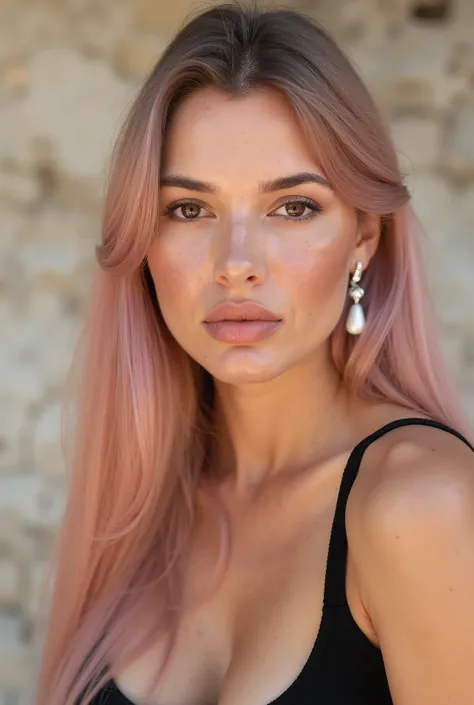A portrait of a young woman woman with long, soft, silky pastel-pink hair and glowing smooth lightly tanned skin, deep brown almond-shaped eyes. She has a clear complexion with a scattering of freckles across her nose and cheeks. Her expression is contempl...