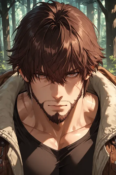 muscular mature man, rugged handsome, thick dark brown messy hair with long bangs falling over forehead, deep brown eyes, scar across face, stern expression, short tough beard, worn hunting jacket, dark clothes, smuggler and hunter, deep forest, half upper...