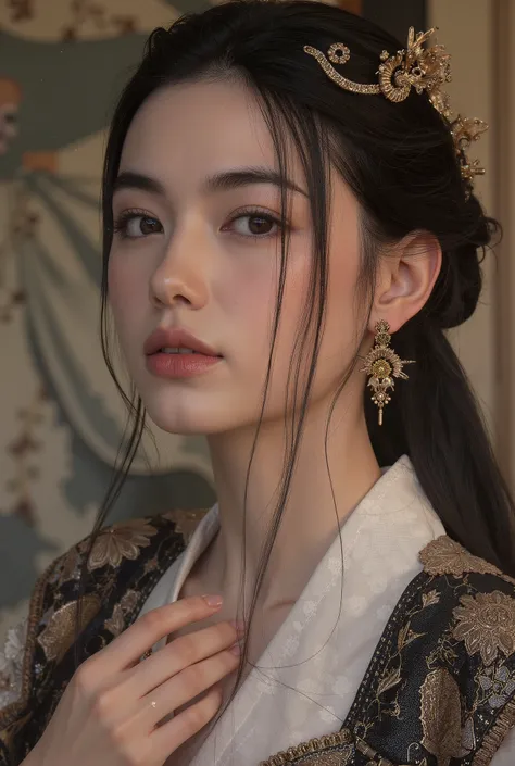 Beautiful Princess,sex,Luxurious Heian period costumes,sensual expression,Sensual Poses,Elegant Manners,Delicate skin,Elegant hairstyle,Delicate Eyes,Detailed embroidery,gorgeous background,precise texture,dramatic lighting,Realistic,oil,perfection,4K,ultr...