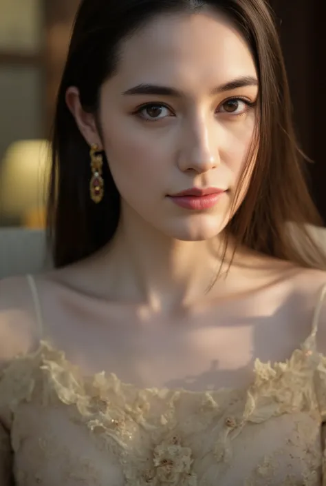 Beautiful woman with high eyes , Tired Expression Beautiful Woman with Elegant and Modest Expression, eyes tinged with melancholy, Delicate Faces, looks tired, Premium High Quality, Photographer style, Painting-style , Ideal Portrait, soft light, Blur Boke...