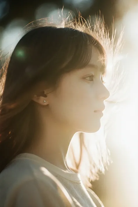 1girl,from side,hair blowing in the wind,lens flare,blurry background,cinematic film still,The lighting is soft and atmospheric, creating a nostalgic and emotional mood,analog photography look with visible film grain