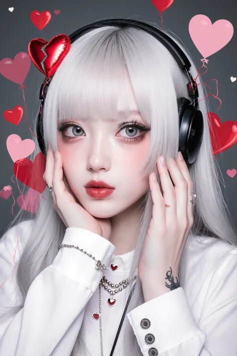 1girl,bangs,blowing kiss,broken heart,grey eyes,hand on own cheek,hand on own face,hands on own cheeks,hands on own face,headphones,heart,heart background,heart balloon,heart censor,heart hair ornament,heart hands,heart of string,heart print,heart tattoo,j...