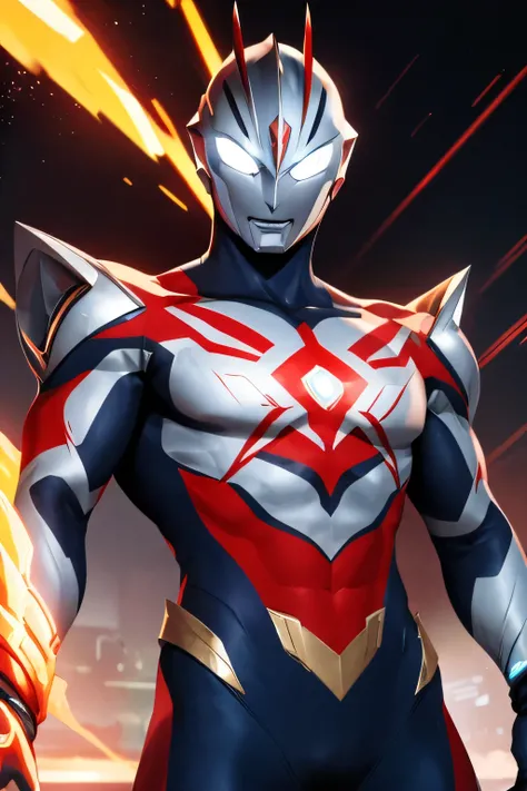 futuristic Ultraman warrior, sleek cybernetic armor design, crystalline core in chest, metallic silver, red and neon blue color scheme, dynamic pose, muscular humanoid form, glowing energy patterns, ultra modern sci-fi aesthetic, dramatic lighting, intrica...