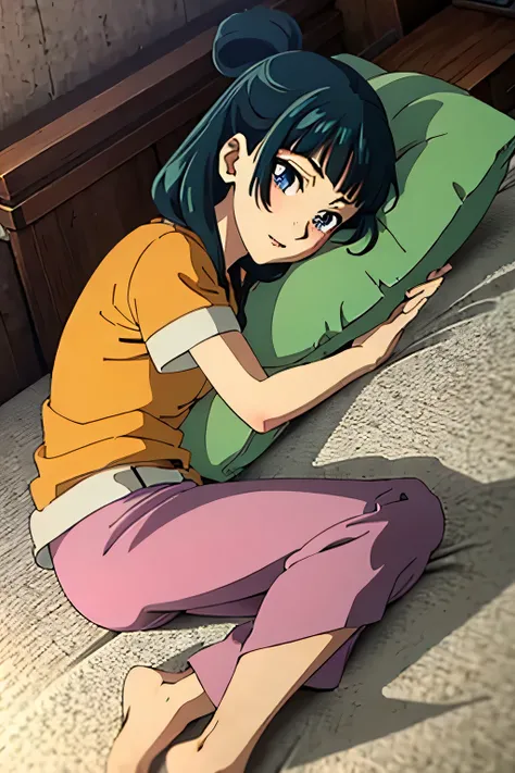 Top quality (8k, high resolution, masterpiece: 1.2), super detailed, anime art style, (bed, lying, pillow hug, barefoot, blush, hugging pose), (shirt, short sleeves, shorts), (full body), dutch angle, looking at the viewer, detailed green hair, detailed bl...