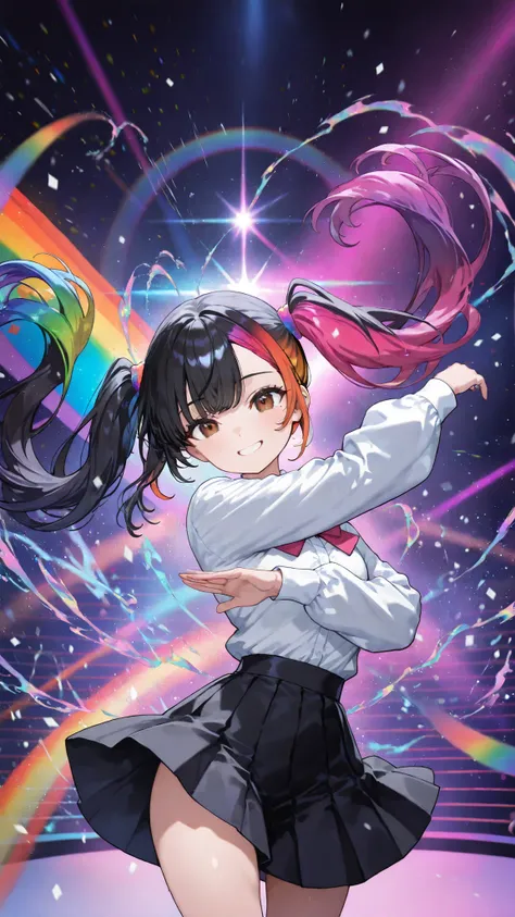 1 woman,  DANCE SCENE , dancing happily, Magical Effects, fantastic, rainbow,  prism, Action, motion blur,　cowboy shot,　Minami Yoshikawa, black hair with pink inner color hair, twin tails, asymmetrical hair, brown eyes, mole under the eye, slight build, Ve...