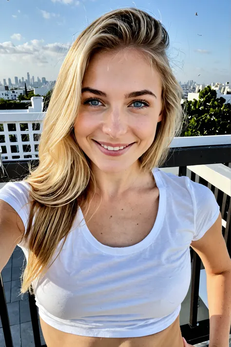 A beautiful blonde woman, around 20 years old, with a youthful, sculpted hourglass figure — a flat stomach, softly defined waist, full hips, and natural, firm curves. Her fair skin has a smooth, porcelain-like glow. Her long, straight golden-blonde hair fa...